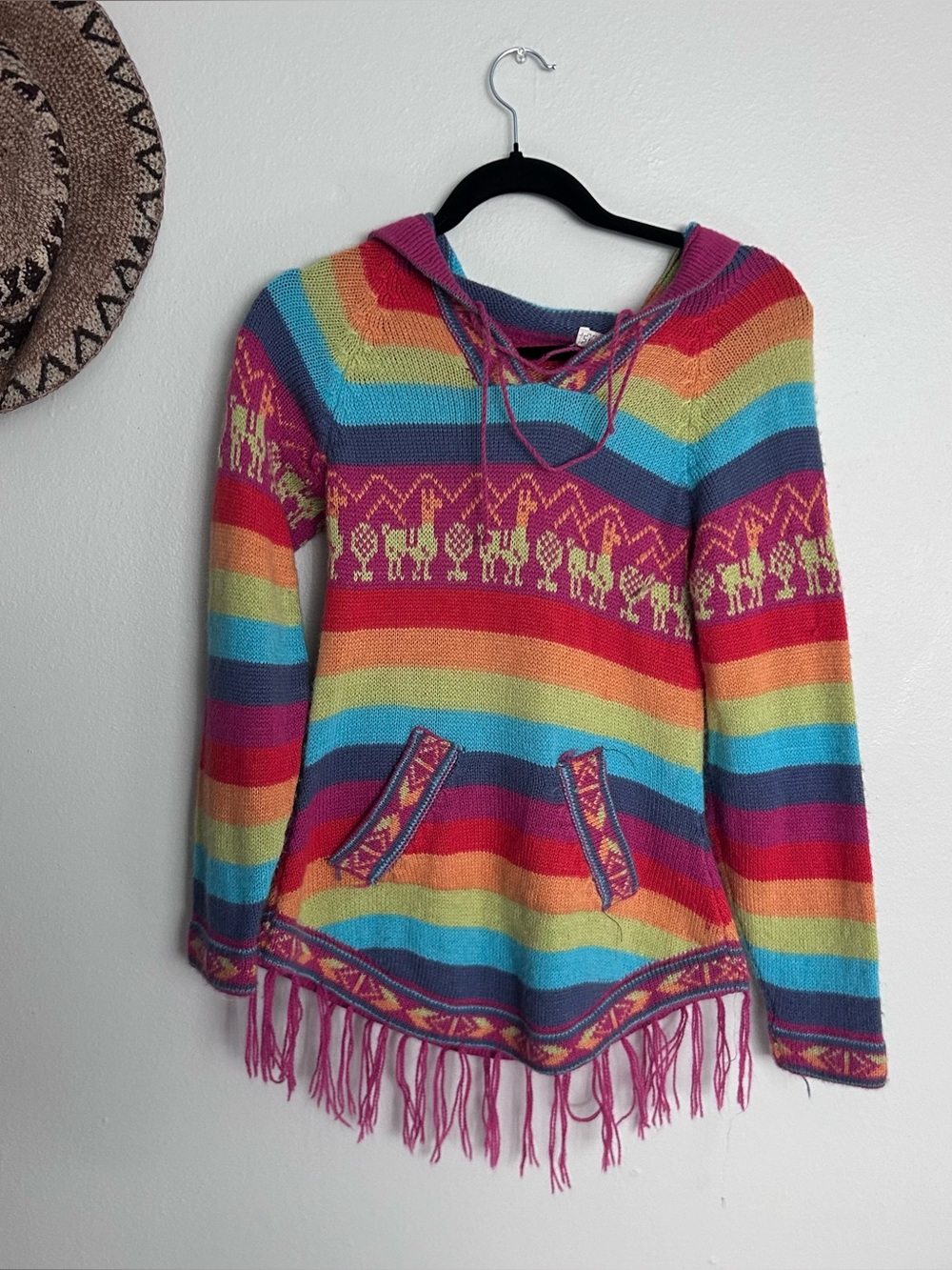 Rainbow alpaca sweater with fringe and hood